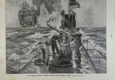 1917 - alter Druck - Von unseren U-Booten: U-Boot vernichtet einen englischen Segler (Von Paul Wallak)